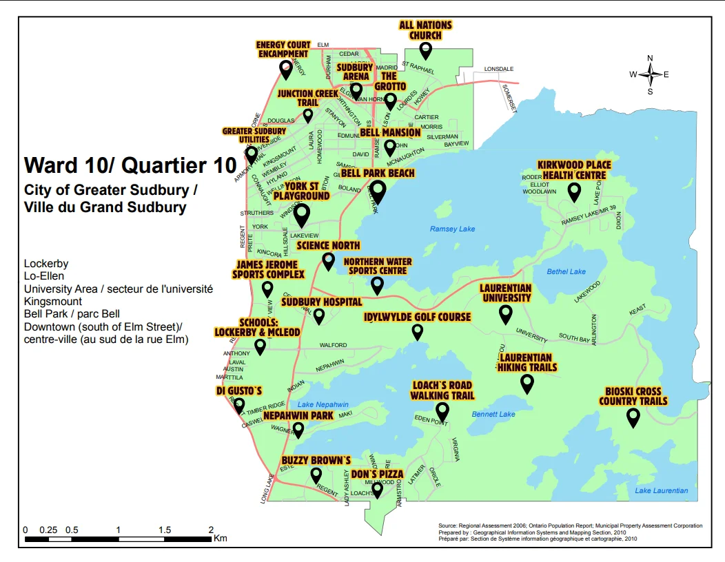 Detailed map of Ward 10 in Sudbury, Ontario, highlighting communities and significant locations for better navigation and understanding voter boundaries